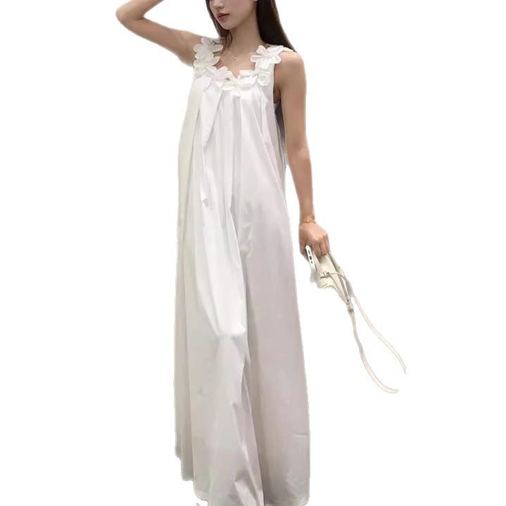 French white sleeveless suspender dress summer new temperament flower seaside vacation wind beach dress