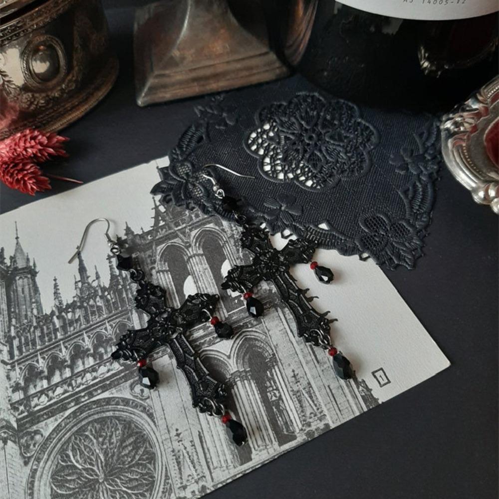Gothic Darkness Hollowed-out Cross Black Teardrop Tassels Dangle Earrings for Women Hallowmas Party Personality Jewelry Gifts