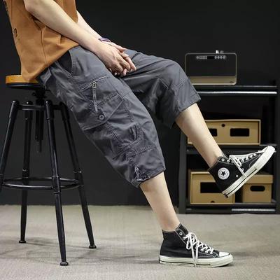 Summer Elastic Waist Straight Loose Tooling Cropped Breeches Men's Sports Plus Fat Plus Size Casual Multi-pocket Shorts