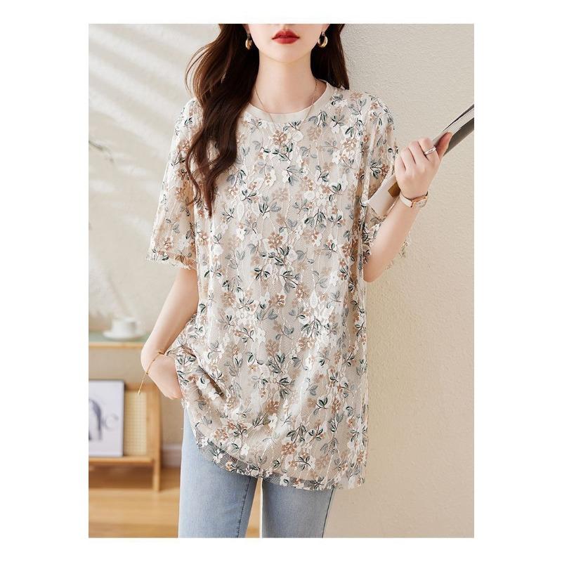 Blumen-Netz-Patchwork-Kurzarm-T-Shirt für Damen Sommer Neu Übergröße Damen Mittellanges lockeres Oberteil