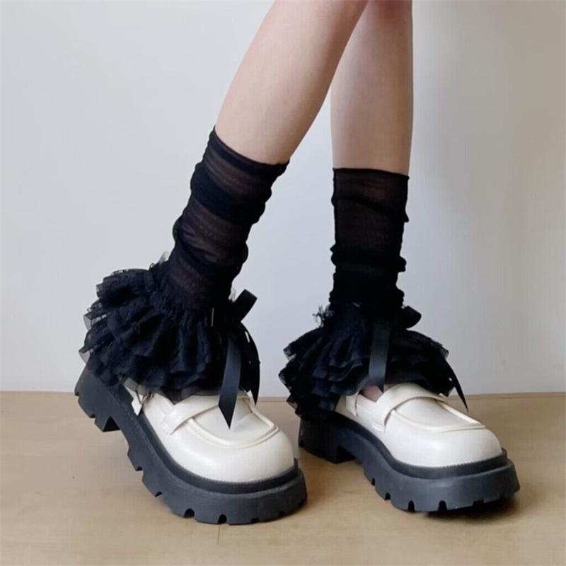 Women Lace Leg Warmers Cute Bows Layered Ruffle Boot Cover Cuffs Lolita Gothic  Aesthetic Clothing Accessories