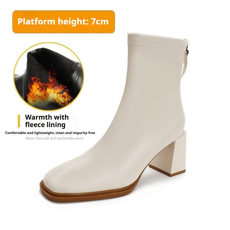 Γυναικείες Γαλλικές Μποτάκια Αστραγάλου με Ψηλό Τακούνι Μπότες Μόδας με Χοντρό Τακούνι Μαλακό Δέρμα Ανοιξιάτικες και Φθινοπωρινές Μονές Μπότες Μπότες με Τετράγωνη Μύτη