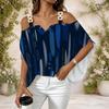 Women Plus Size Off Shoulder V Neck Short Sleeve Blue Black Abstract Print Loose Blouse