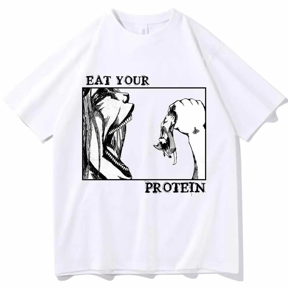 Attack On Titan T-Shirts Eat Your Protein Shirt Man Women Summer Casual O-Neck Short Sleeve Shirts