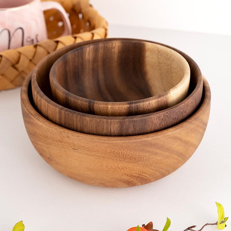 Japanese Style Acacia Wood Bowl Large Solid Whole Wood Flat Instant Noodle Bowl Salad Bowl Fruit Bowl Insulated Rice Bowl Tableware 24cm Acacia Wood