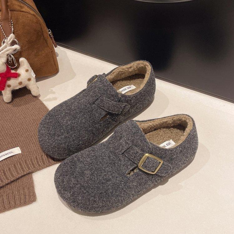 Retro round head felt plush Birkenstocks plush autumn and winter thermal cotton ladyshoes wool