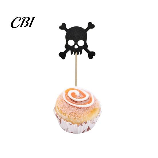 Glitter Black Cake Topper 8 Pcs Halloween Cupcake Picks, Spooky Skull Toppers, Gothic Birthday Party Decoration for Supplies Burr-free