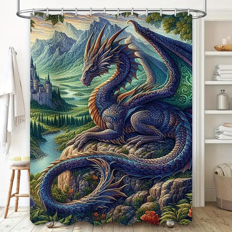 Fantasy Dragon Bath Mat Shower Curtain Set Medieval Castle Landscape with Greenery Blue Purple Red Floral Design Decor for Bathr