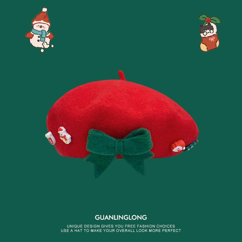 Bow christmas beret girl parent-child children's hat woolen thermal hat christmas gift painter hat