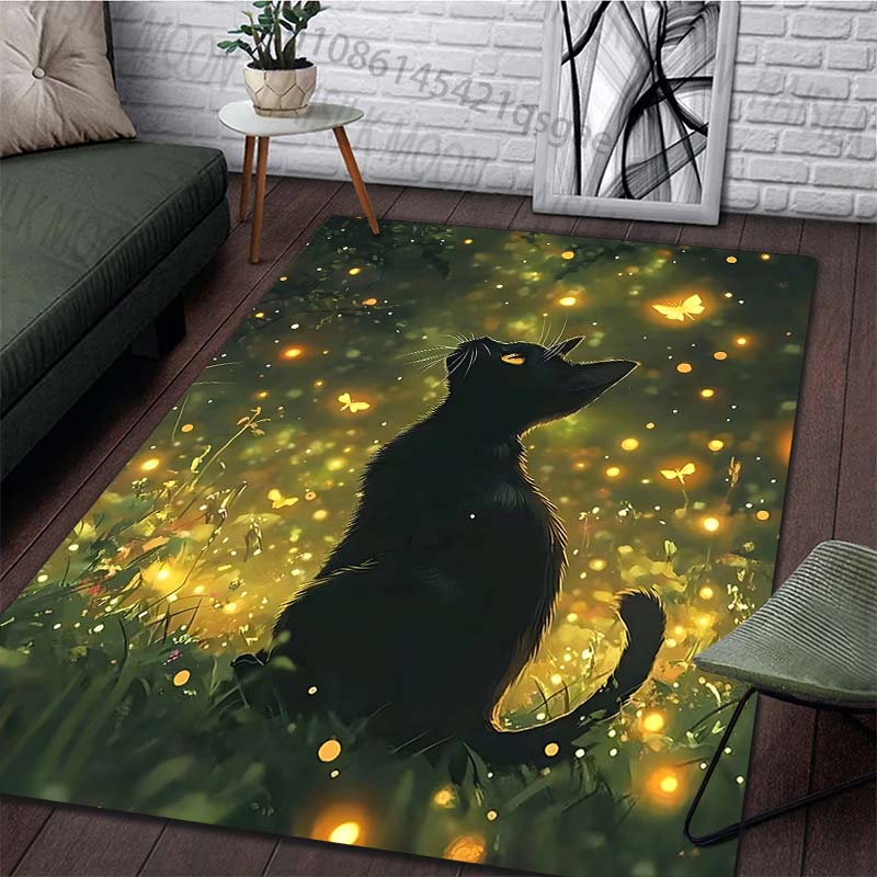 1PC Black cat with fireflies Print Carpet Rug for Living Room Bedroom Sofa Doormat Home Decor Non-slip Floor Mat