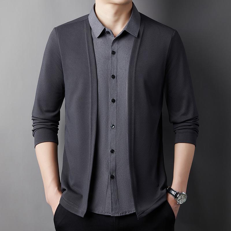 Spring Men's Two-in-One Shirt Sweater Cardigan Knitted Pullover