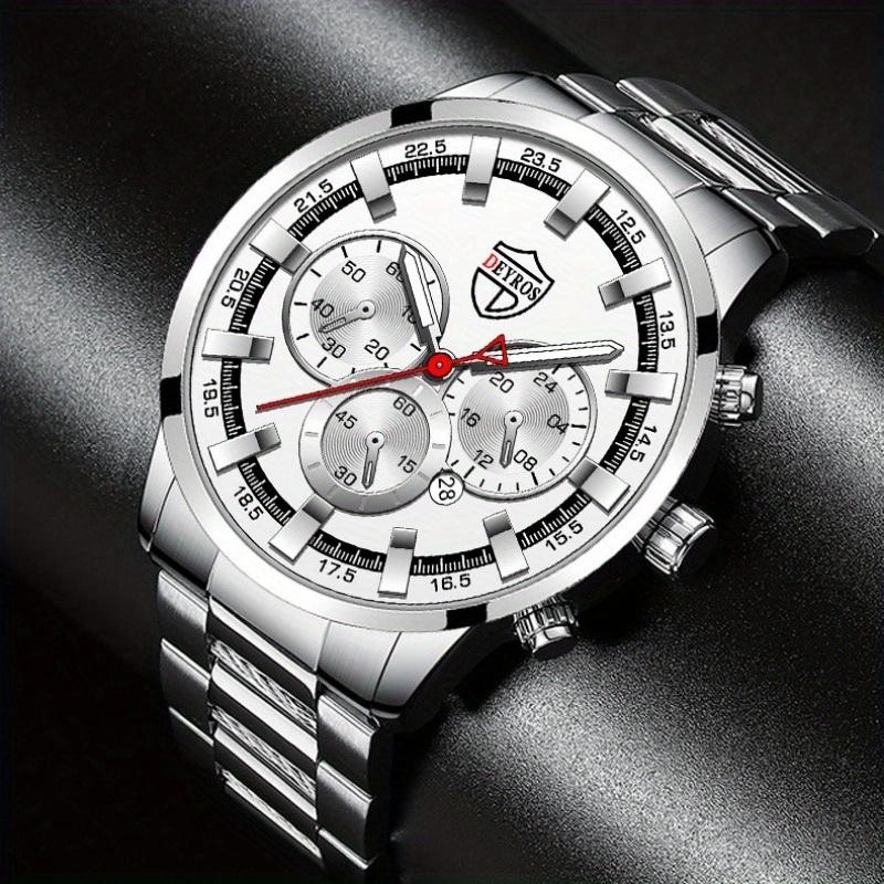 3pcs/set Fashion Men's Casual Round Pointer Stainless Steel Quartz Wrist Watch & Bracelet & Necklace, Ideal Choice for Gifts