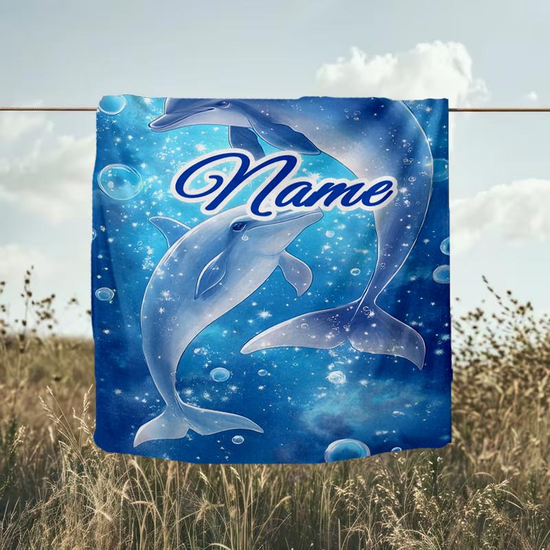 1PC Custom Name Dolphins Underwater Dreams Outdooor Flannel Blankets Throw Blanket All-Season Throw Gift Bedspread for Couch, Bed, Camping Holiday Bir