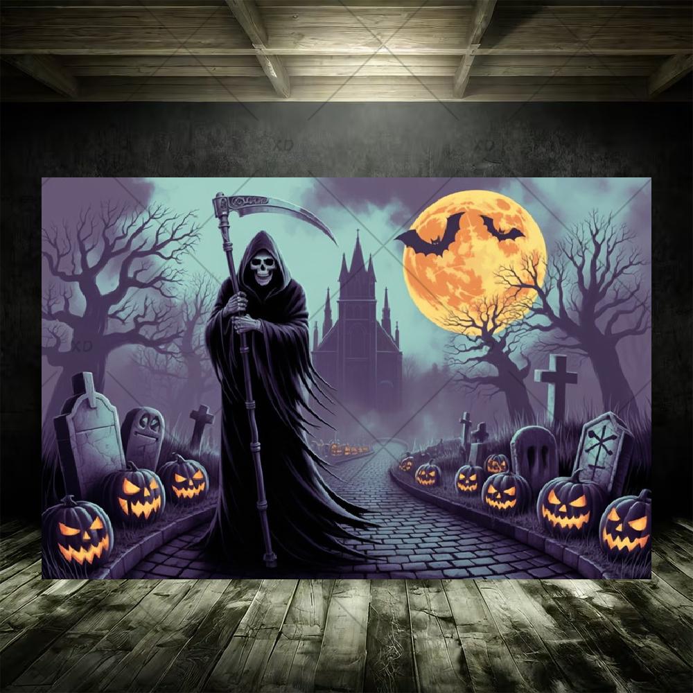 Grim Reaper Horror Halloween Party Decoration Background Spooky Graveyard Cemetery Backdrop Cosplay Photo Booth Studio Banner