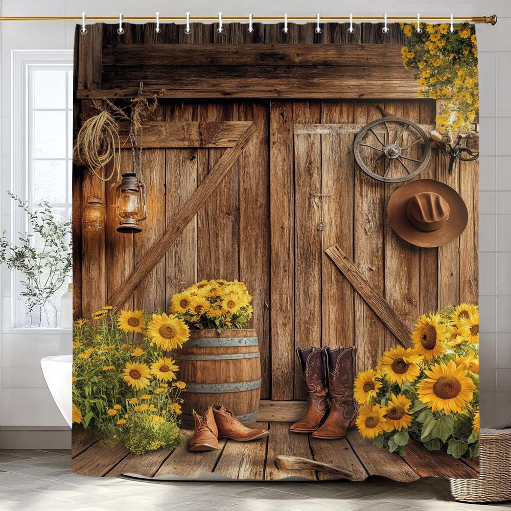Flower Scenery Of Rural Farmhouse Shower Curtain, Bathroom Decorative Shower Curtain, Home Decorative Curtain With Hooks