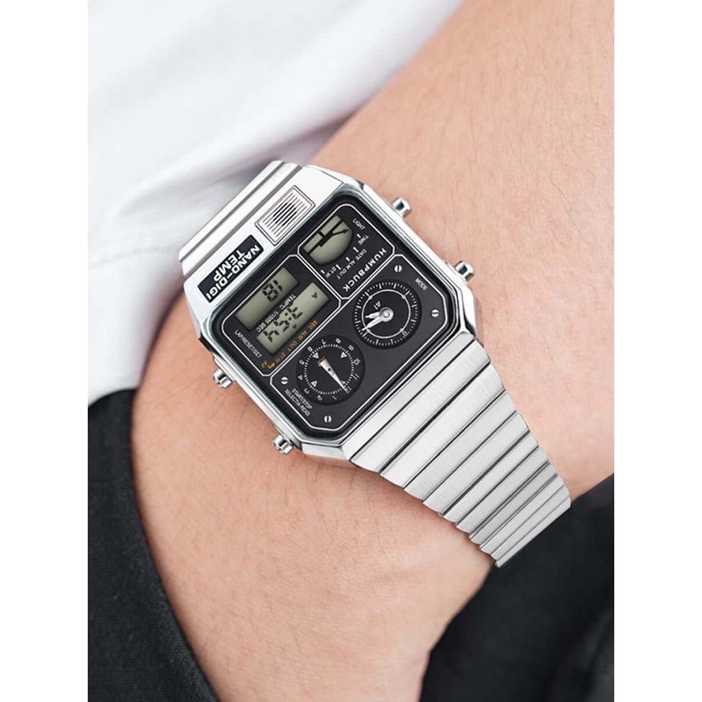Classic Design Stainless Steel Watches for men with LED Digital Display and Temperature Calendar