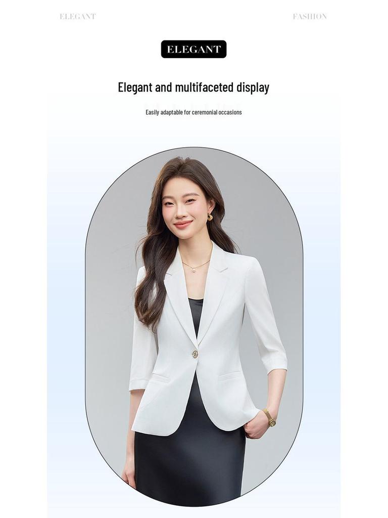 White Women's Casual Slim-Fit Blazer with Mid-Sleeves