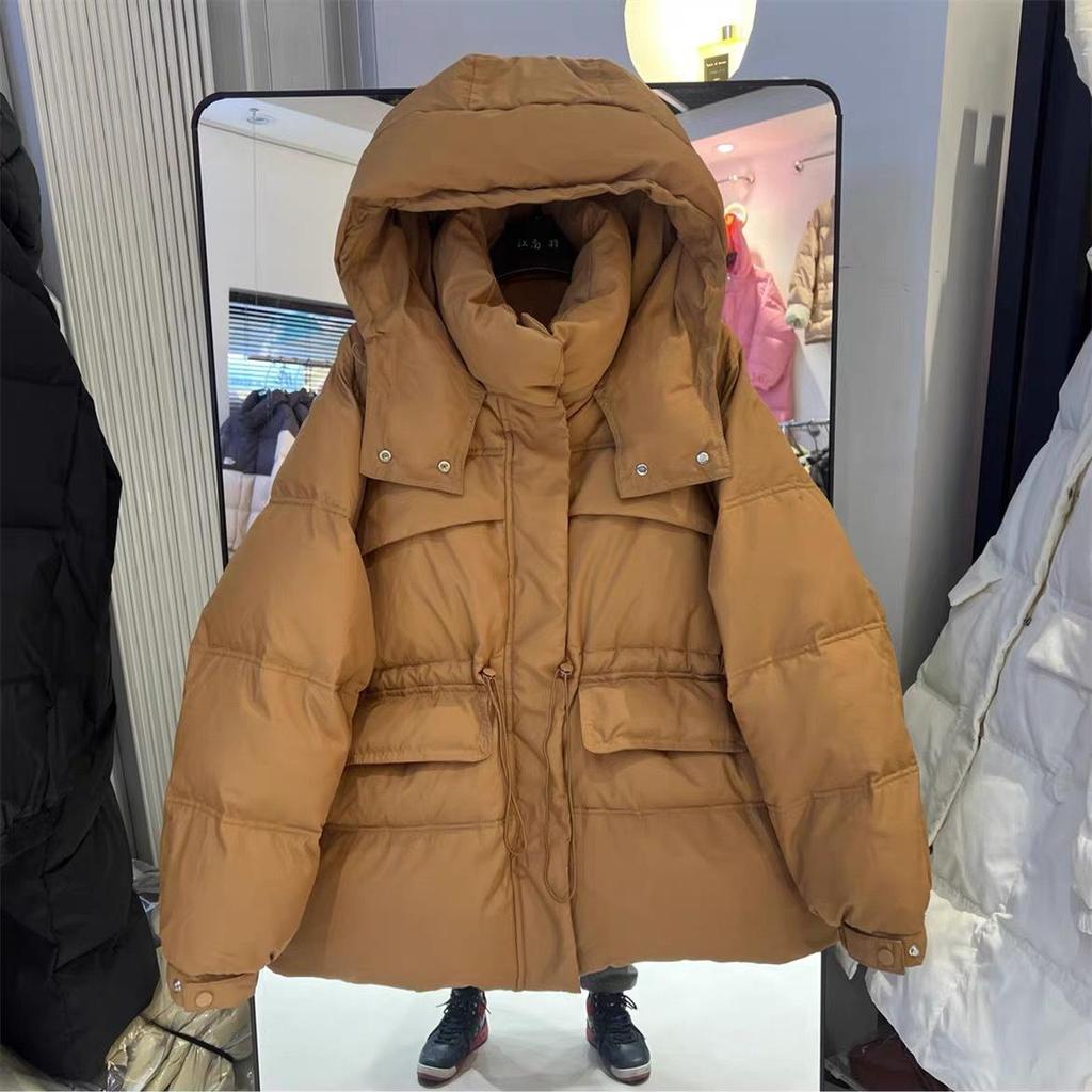Women's Autumn Winter Down Jacket Short Hooded Single Breasted Loose Adjustable Waist Straight Tube White Duck Down Coat