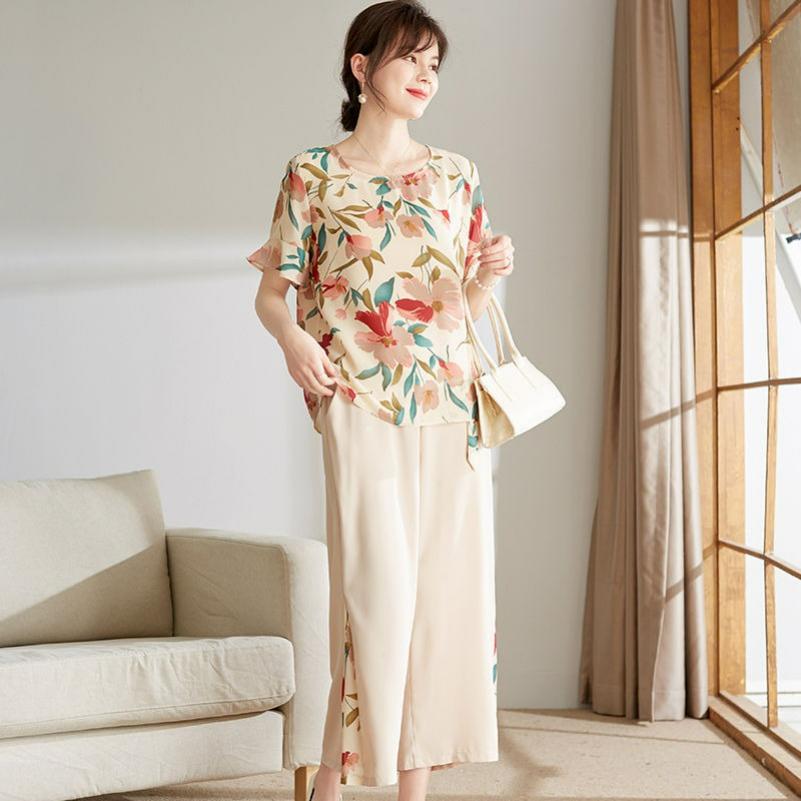 

Mother s Summer Dress, Western Style Blouse, Short-sleeved Floral Blouse, Cropped Wide-leg Pants Suit 3XL абрикосовий