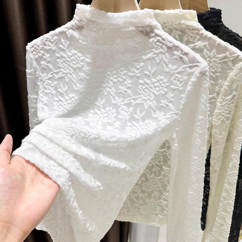 Čierny čipkovaný sveter pre ženy na jeseň a zimu, vzorovaný sieťovaný sveter s polovysokým výstrihom, tenkým dlhým rukávom