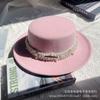 White Pearl Flat Top Woolen Top Hat Female Autumn and Winter British Retro Socialite Elegant French Wide Brim