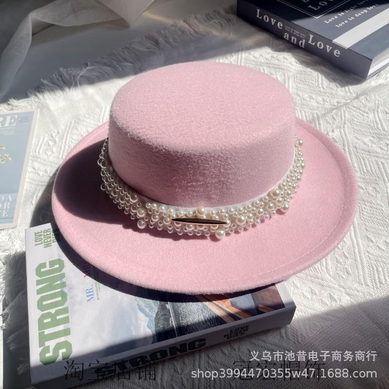 White Pearl Flat Top Woolen Top Hat Female Autumn and Winter British Retro Socialite Elegant French Wide Brim