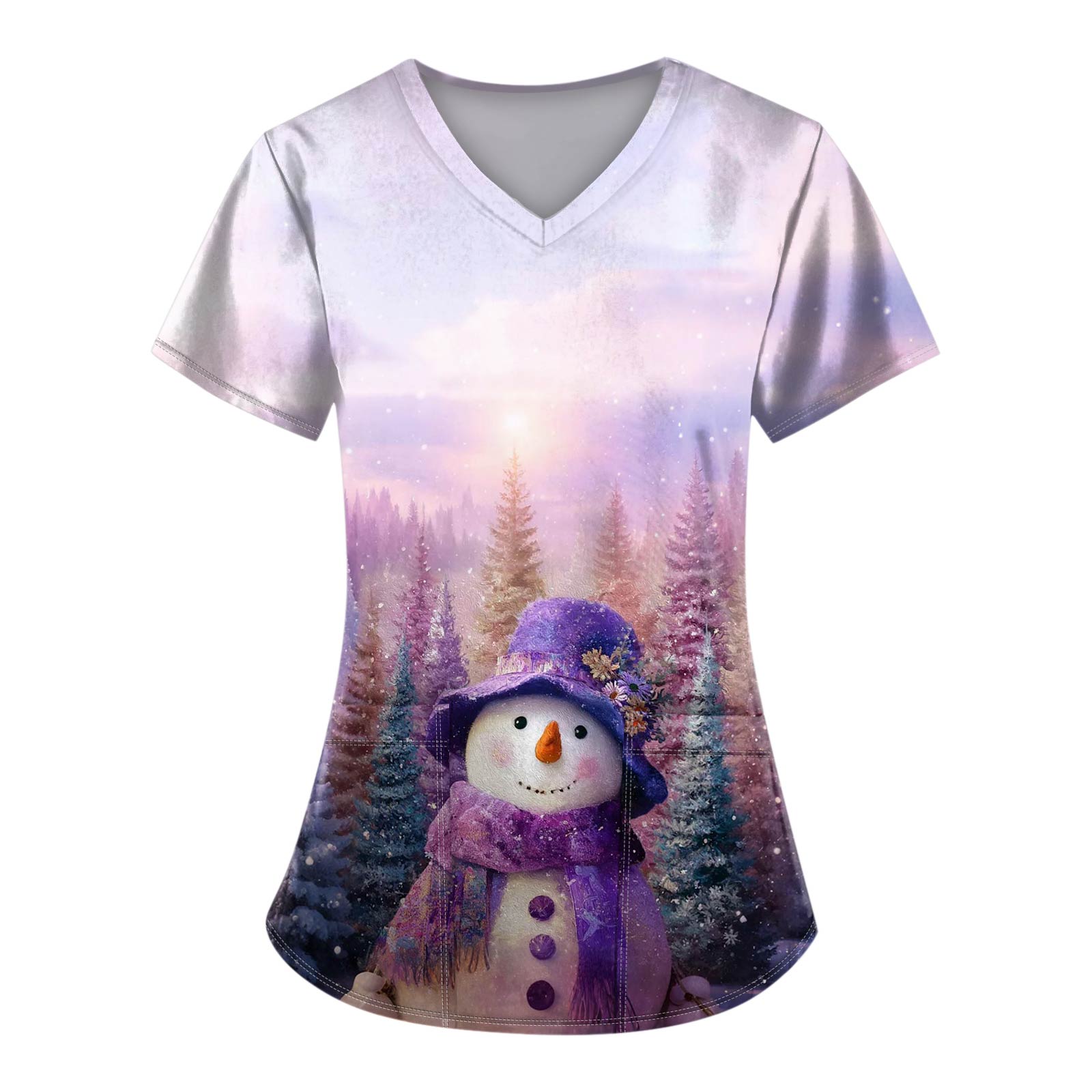 

Ladies Fashionable V-neck Pocket Short Sleeved Christmas Tree Printed Caregiver Shirt XXXL