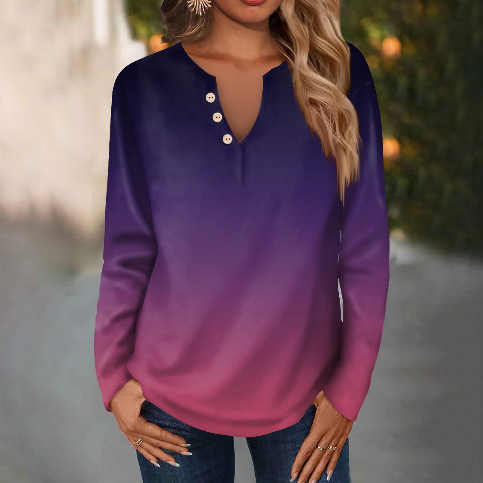 

Женская мода, повседневная свободная футболка с v-образным вырезом и длинным рукавом, женский топ с декоративными пуговицами M фиолетовый