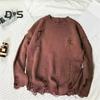 Men Fall Winter Sweater Ripped Hole Solid Color Round Neck Knitted Retro Japanese Style Mid Length Loose Long Sleeve Soft Warm Pullover Men Sweater