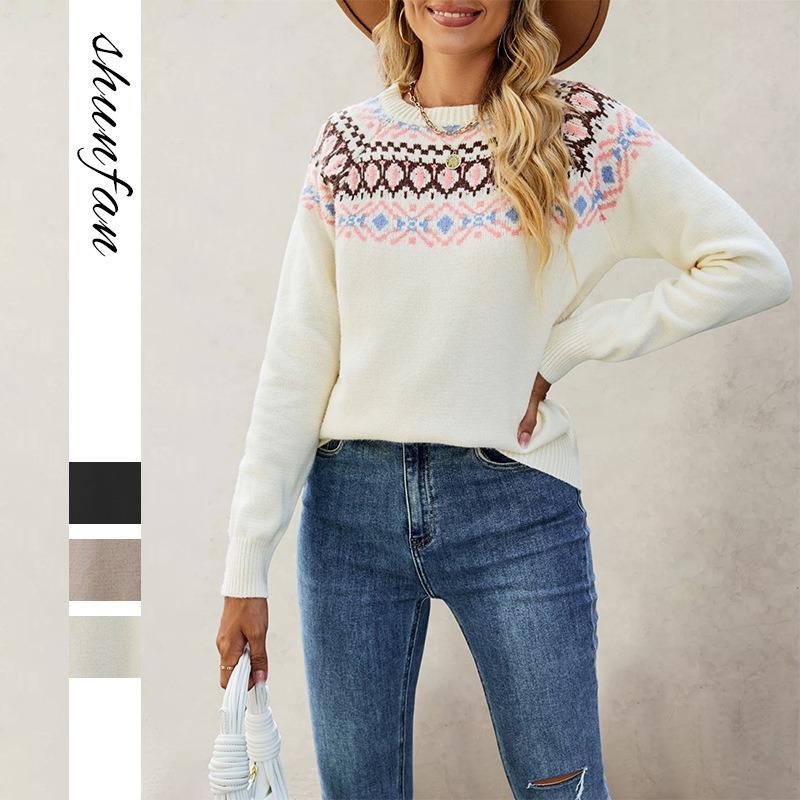 New Autumn and Winter Hot Sale Jacquard Retro Sweater Large Size Crew Neck Pullover Knitted Sweater