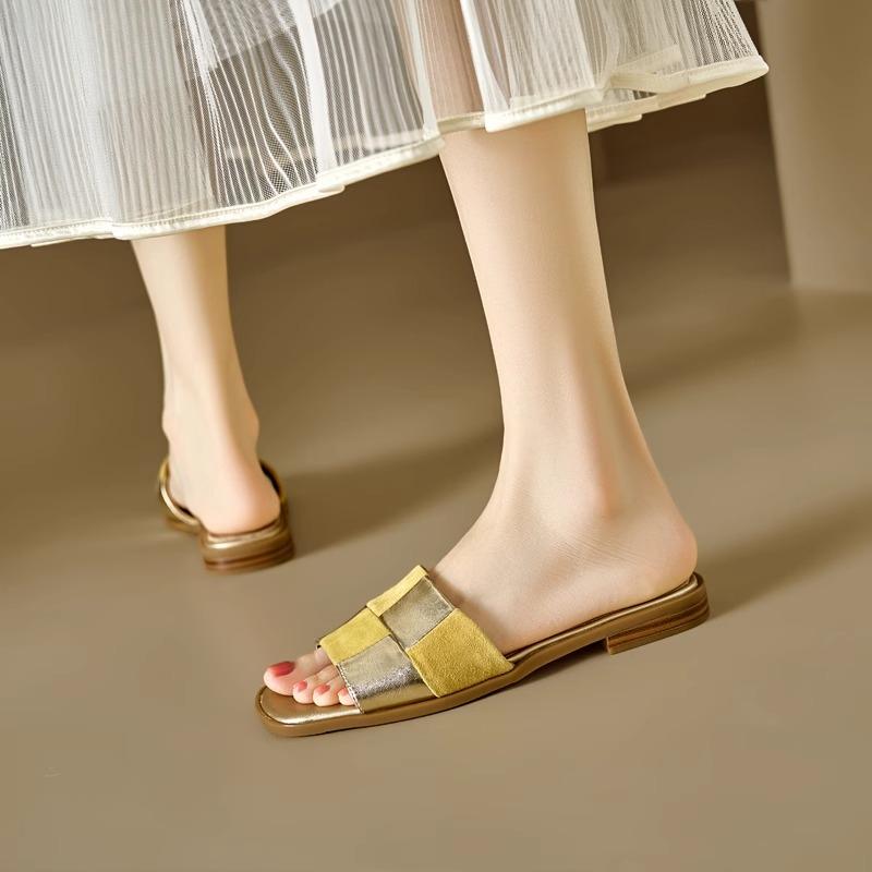 

Винтажные плетеные шлепанцы в тон цвета, женские летние новые квадратные плоские повседневные ленивые сандалии 40 жёлтый