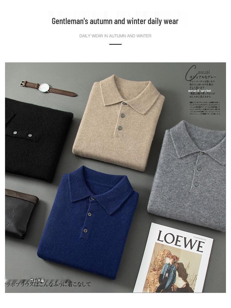 Pánský vlněný kašmírový svetr - Pulovr s dlouhým rukávem a polo límečkem pro podzim/zimu