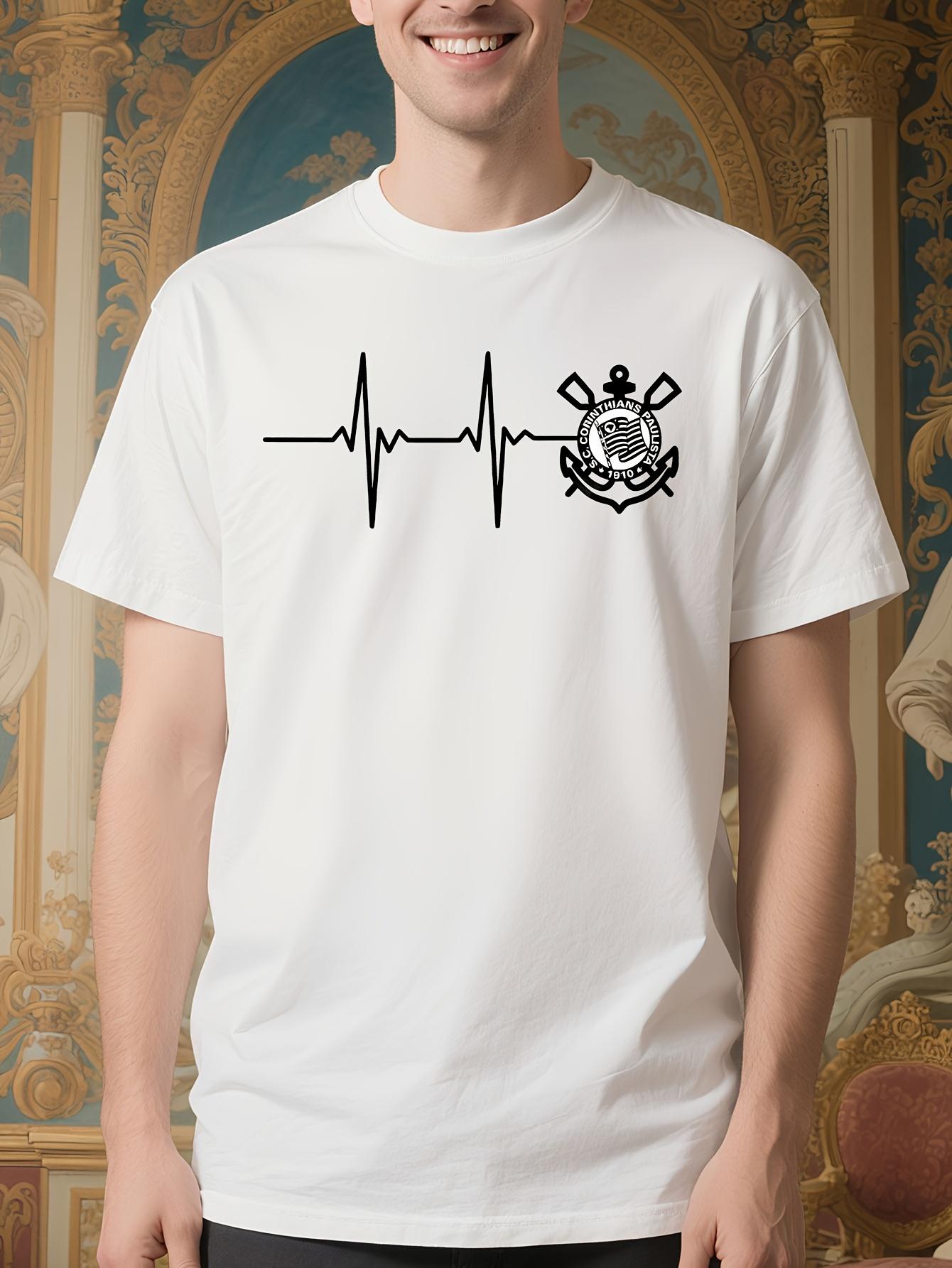 Corinthians Brazilian Heart Printed - White Crew Neck Casual Tee with Black Heartbeat Graphic T-shirt XXXXL