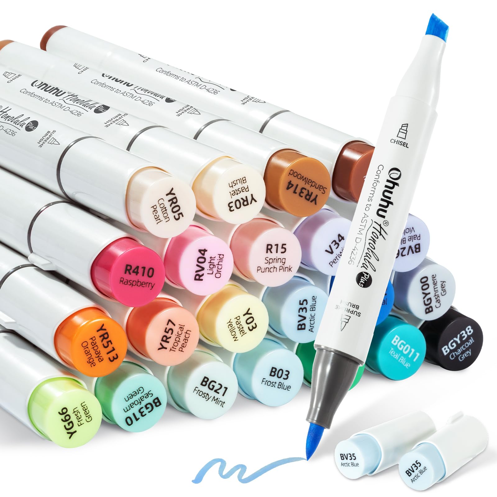 

Ohuhu Illustration Marker Premium Brush - Broad Tip 36 Basic Colors Professional Grade Brush-Type Marker Pen Set Alcohol-Based with 1 Blender Pen Hono