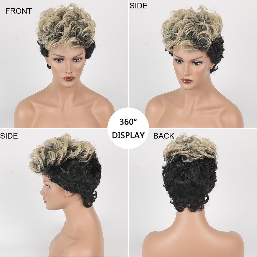 African Women Short Curly Wig Daily Use Natural Looking Synthetic Fiber Pixie Cut Wig