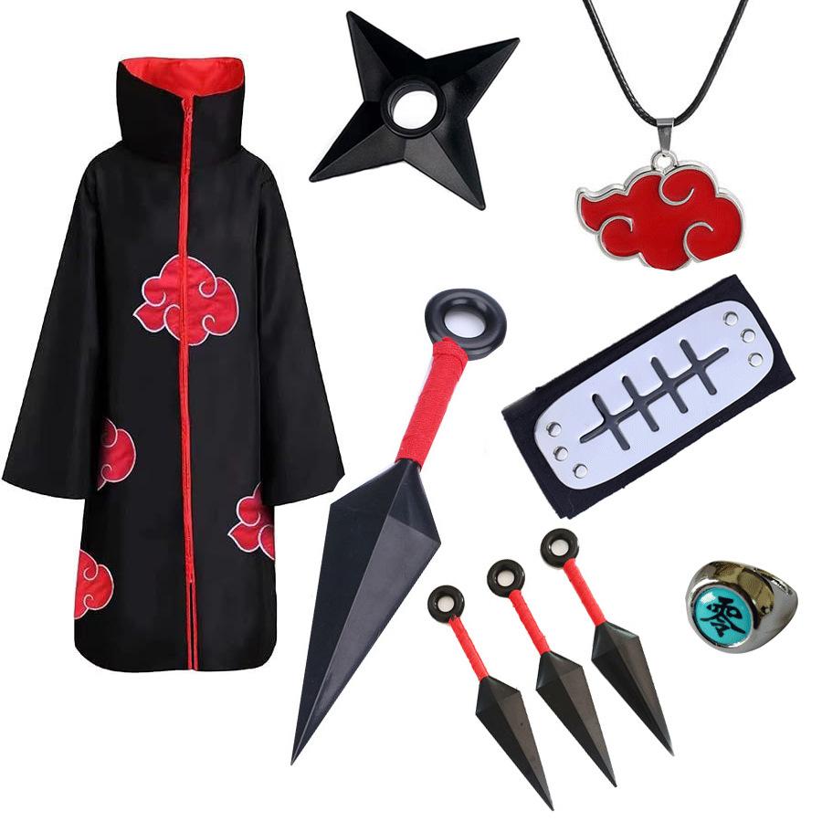 Hot Sale Anime Ninja Akatsuki Organization Cloak Set Forehead Ring Headband Necklace Kuwo Handsword Set