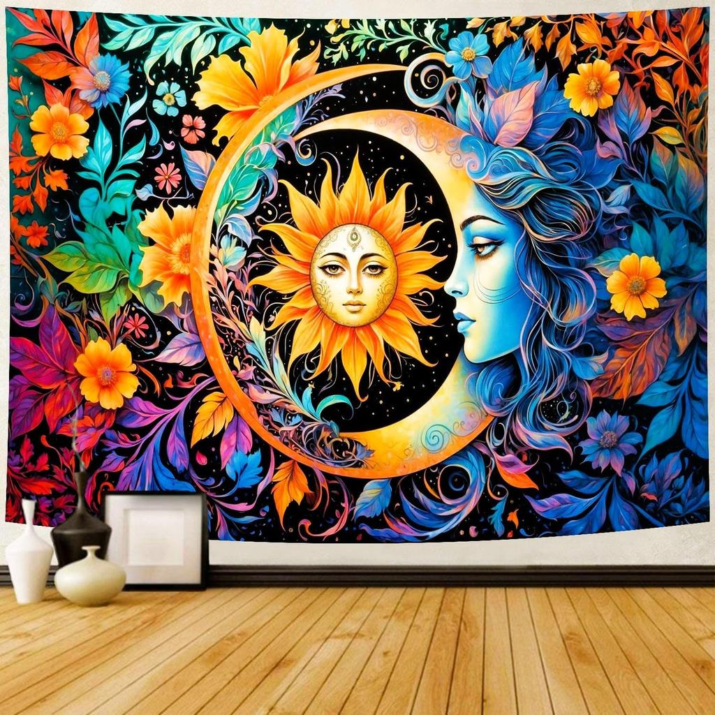 Delur Sun and Moon Tapestry Boho Mystic Floral Hippie Flower Plants Tapestry Vintage Aesthetic Psychedelic Abstract Wall Hanging Headboard for