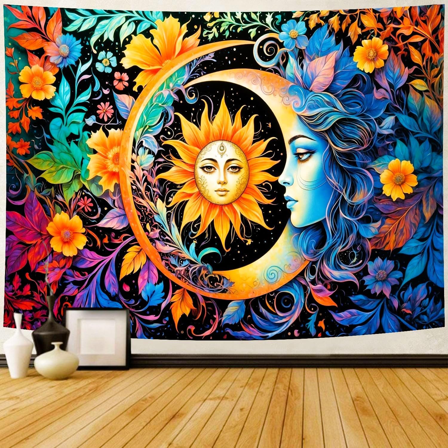 Delur Sun and Moon Tapestry Boho Mystic Floral Hippie Flower Plants Tapestry Vintage Aesthetic Psychedelic Abstract Wall Hanging Headboard for 100X70CM