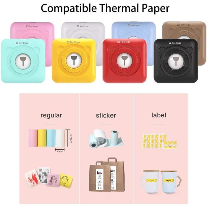 PeriPage Mini imprimante thermique sans fil BT pour étiquettes, autocollants, photo, mémos, reçus, fonction photo AR avec câble A143