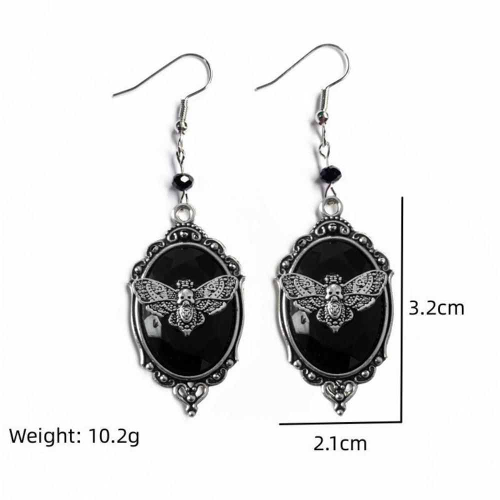 Gothic Retro Sliver Color Geometry Oval Lacework Relief Moth Skull Dangle Earrings for Women Hallowmas Mysterious Witch Jewelry