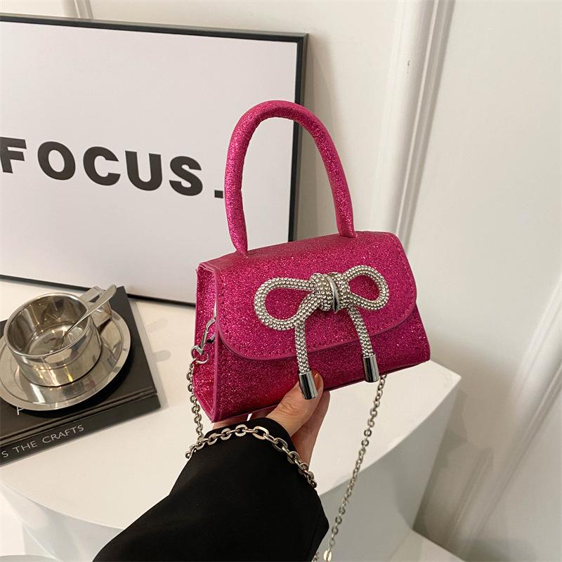 

2025 new chain crossbody shoulder sequined women s bag texture small fragrant wind solid color bow mini portable bag роза розовый