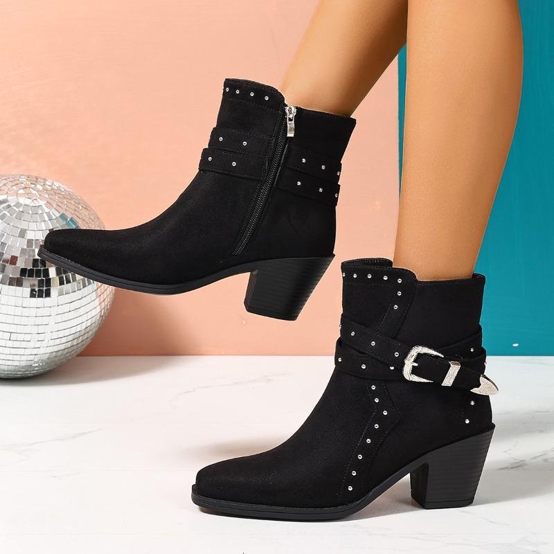 Studded Metal Buckle Block Heel Booties Fashion Pointed Toe Side Zipper Soft Sole Cotton Shoes