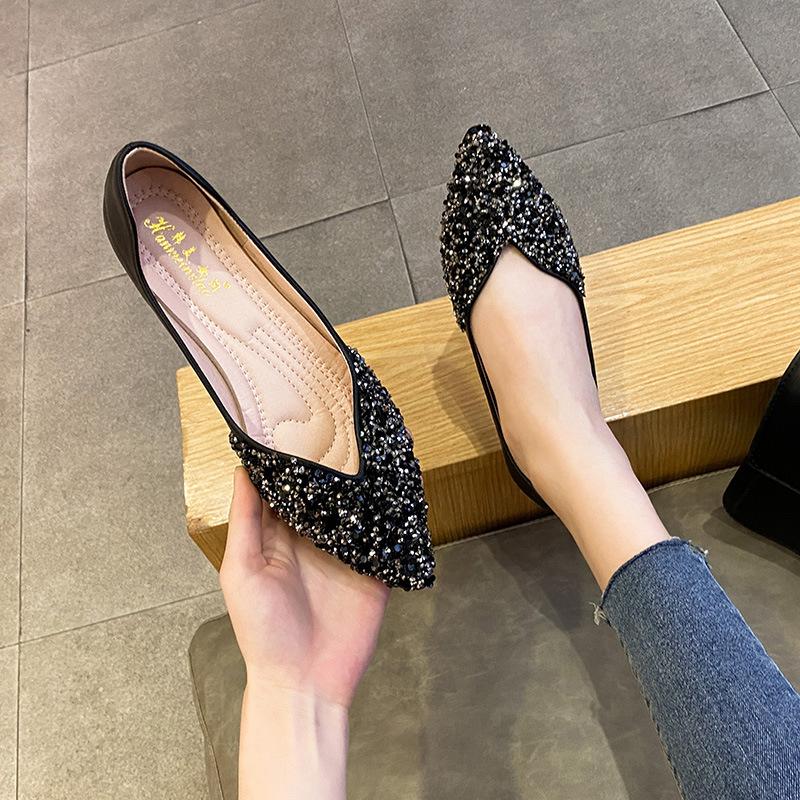 French Pointed Single Shoes Women's Summer 2025 New Rhinestone Flat-bottomed Autumn Ladyshoes Temperament Large Size Boat Shoes 41-43