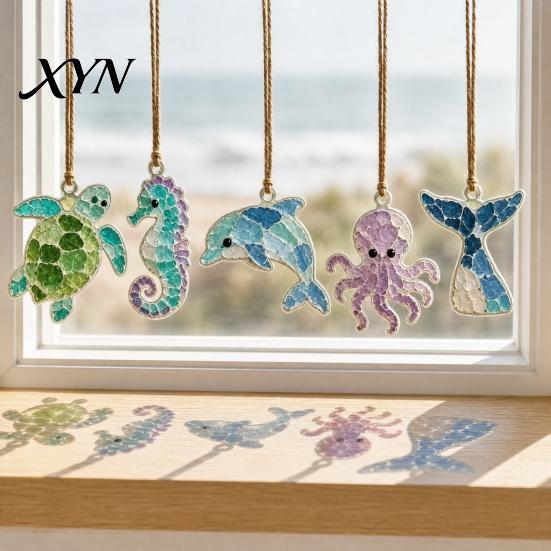 Mini Stained Glass Decoration Sea Suncatcher Ornament, Handmade Animal Ocean Acrylic Hanging Pendants, Garden Window Decor DIY Summer Ornament Decor,