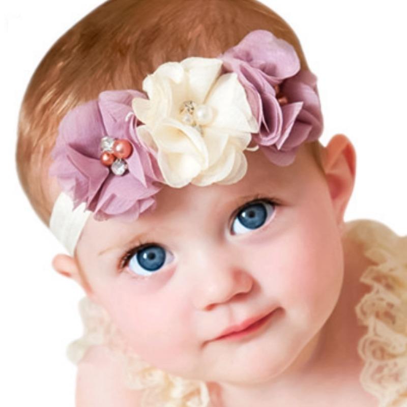New Children's Three Chiffon Bead Flowers, Candy-colored Baby Elastic Headband, Baby Elastic Headband