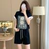 Academic Style Casual Funny Print Black Sports Suit Women Summer Harajuku Loose Short-sleeve T Shirt and Shorts Y2k Running Two-piece Set Young Girl