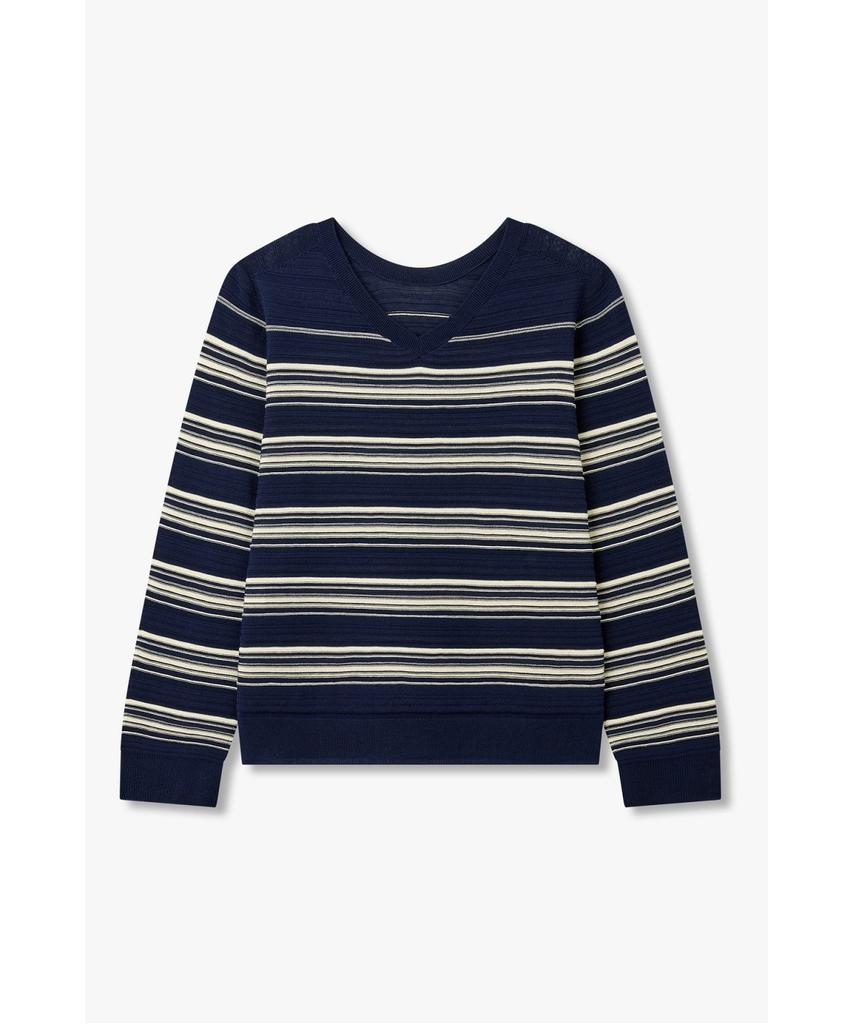 Bobeu V-Neck Striped Knit Pullover_Navy_7156350002