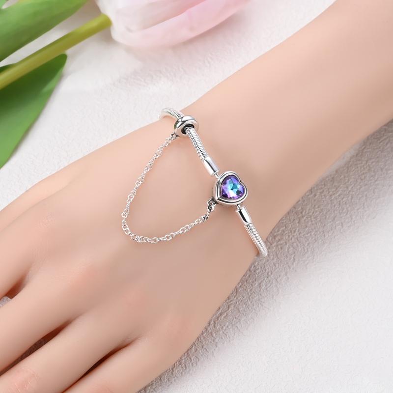 New 925 Silver Blue Purple Love Safety Chain Snake Bone Women's Bracelet Suitable for DIY Jewelry