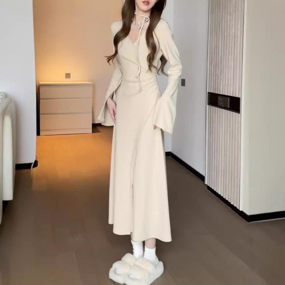 

Платье-облегающее платье ранней осени, осенняя одежда для женщин, новый французский разрез, утягивающее талию, длинная юбка для женщин XL