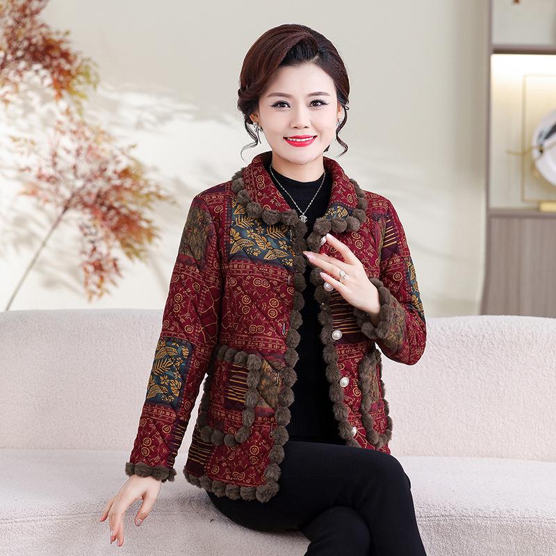 Stylish Floral Plush-Lined Cotton Jacket for Mid-Aged and Elderly Women - Warm, Loose Fit with Lapel